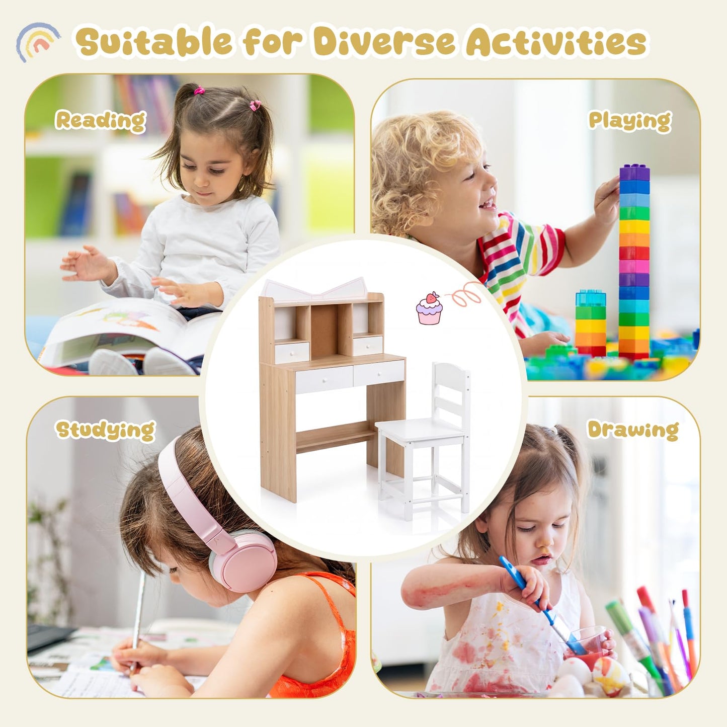 Kids Desk and Chair Set, Wooden Student Study Table with Drawers