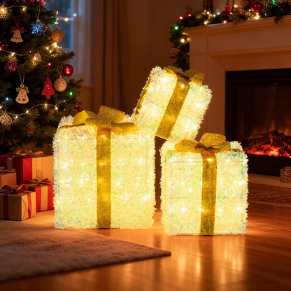 Set of 3 Christmas Lighted Gift Boxes Pre-Lit with Warm White LED Lights