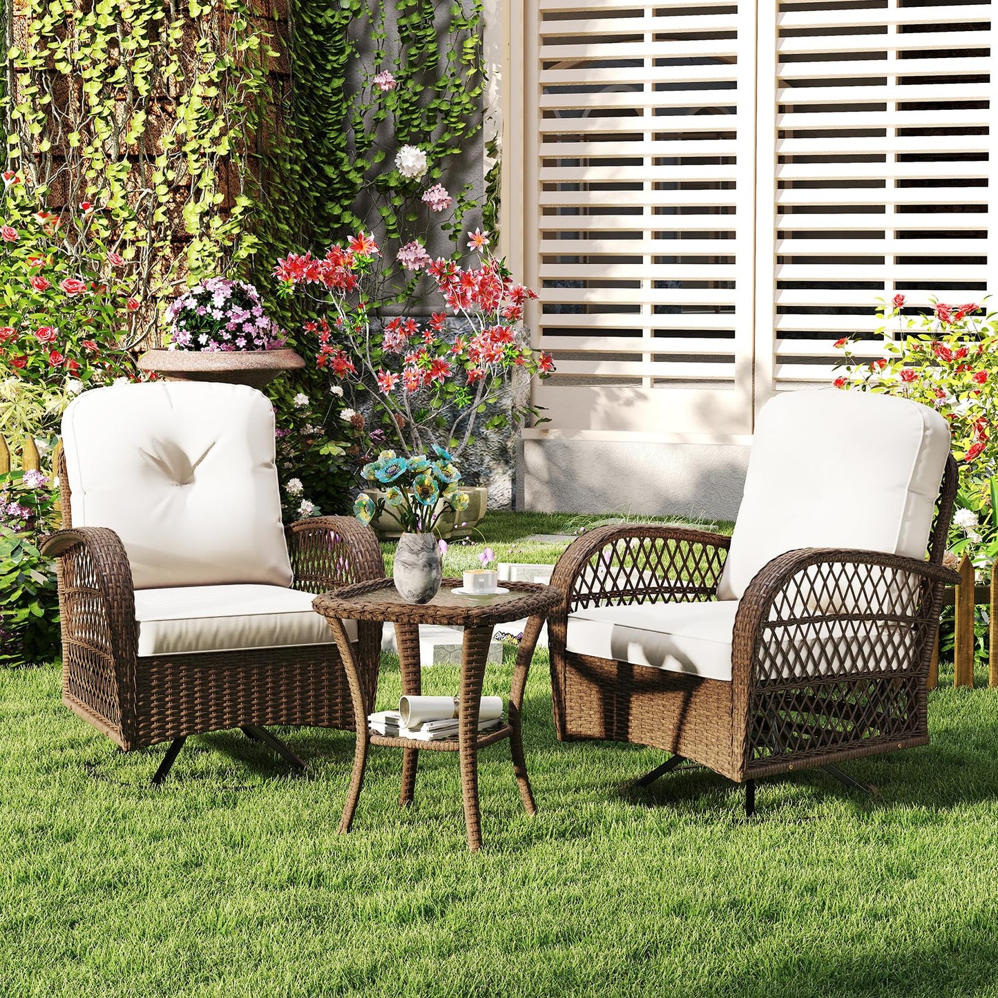 3 Pieces Patio Rattan Bistro Set with Cushions and Pillows