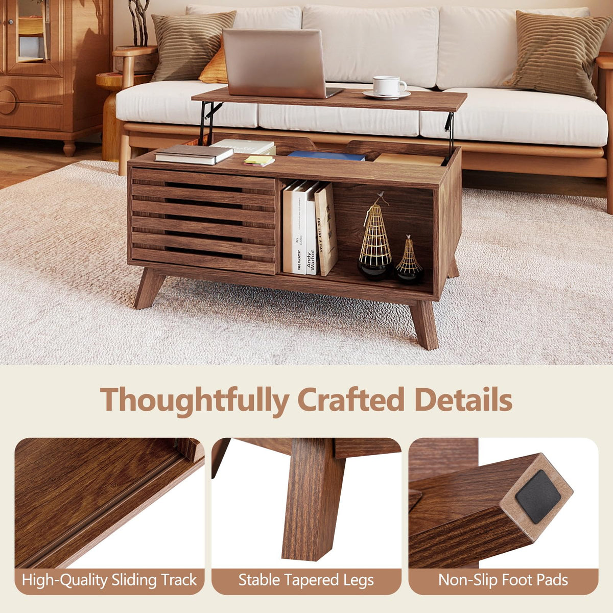 Lift Top Coffee Table with Hidden Compartment for Living Room