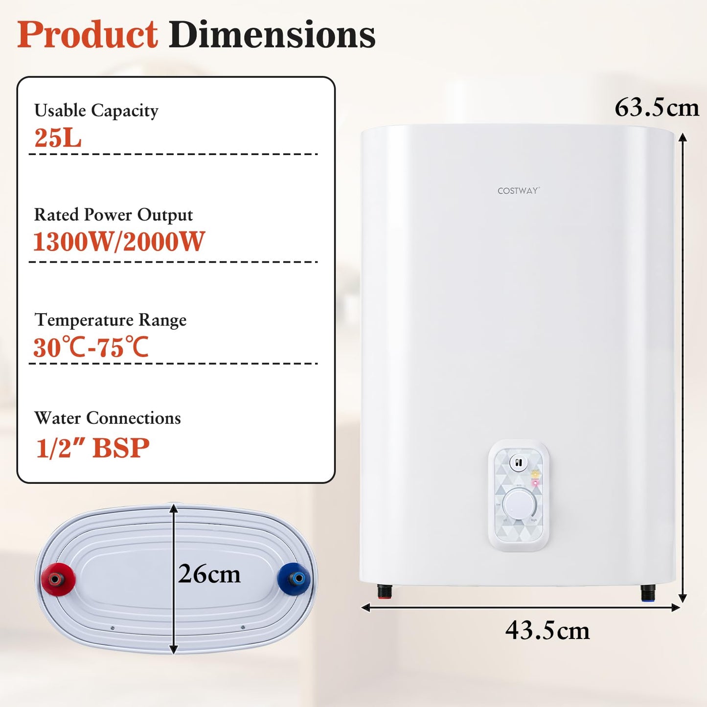 25L Electric Water Heater with Dual Power and Anti-Scale Enamelled Tank Eco Mode