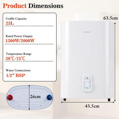 25L Electric Water Heater with Dual Power and Anti-Scale Enamelled Tank Eco Mode