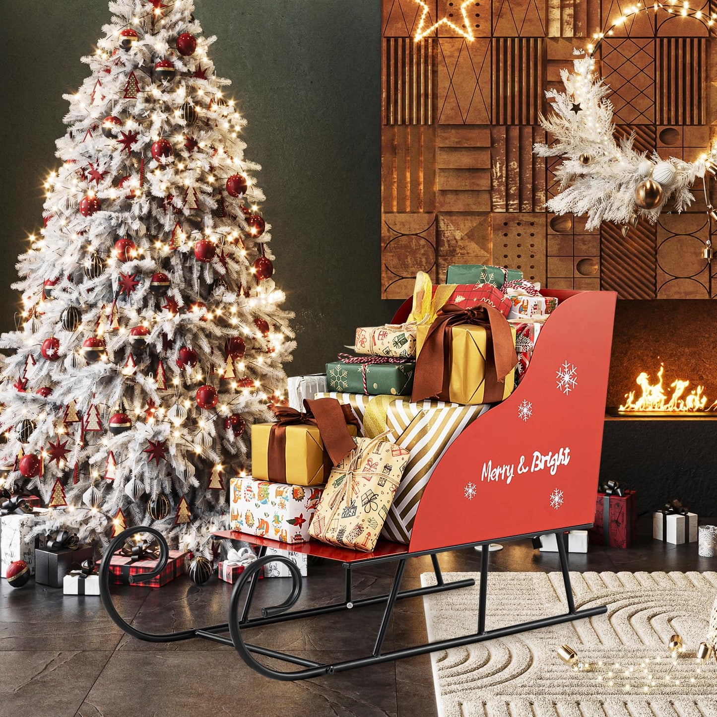 Red Christmas Santa Sleigh, Metal Xmas Decoration with 1/2-Tier Storage Shelf