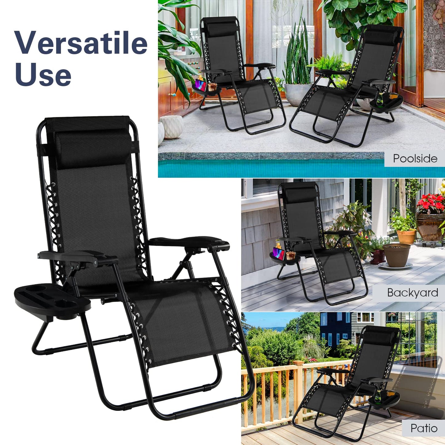Folding Zero Gravity Chair Patio Sun Lounger with Removable Pillow