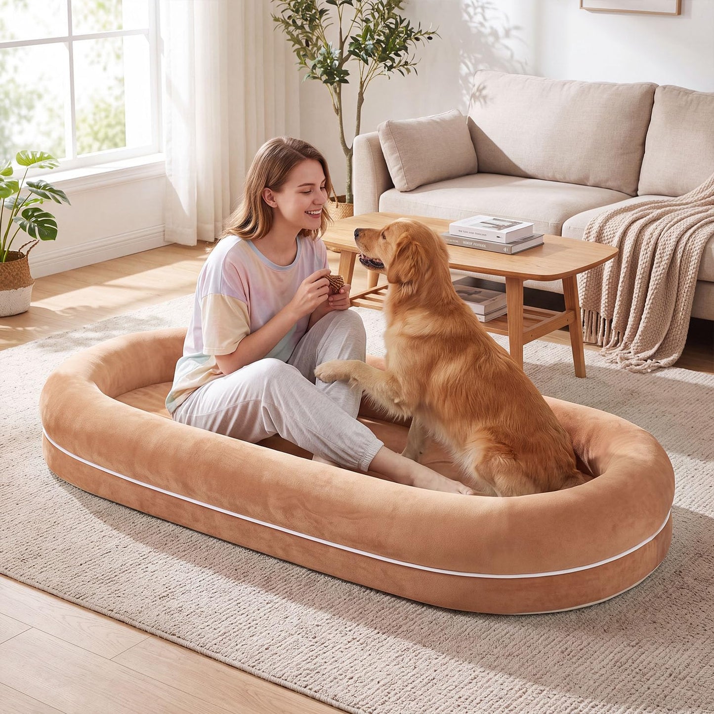 Human Dog Bed with Plush Blanket, Washable Cover