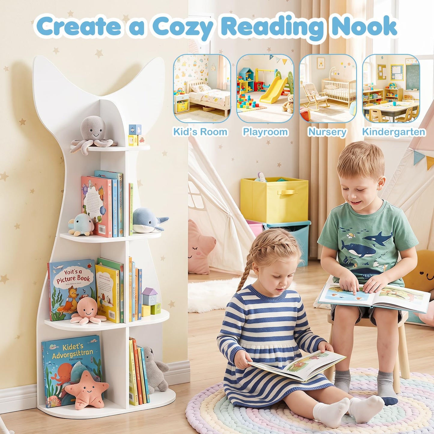 Kids Bookshelf, 4-Tier Corner Children Bookcase