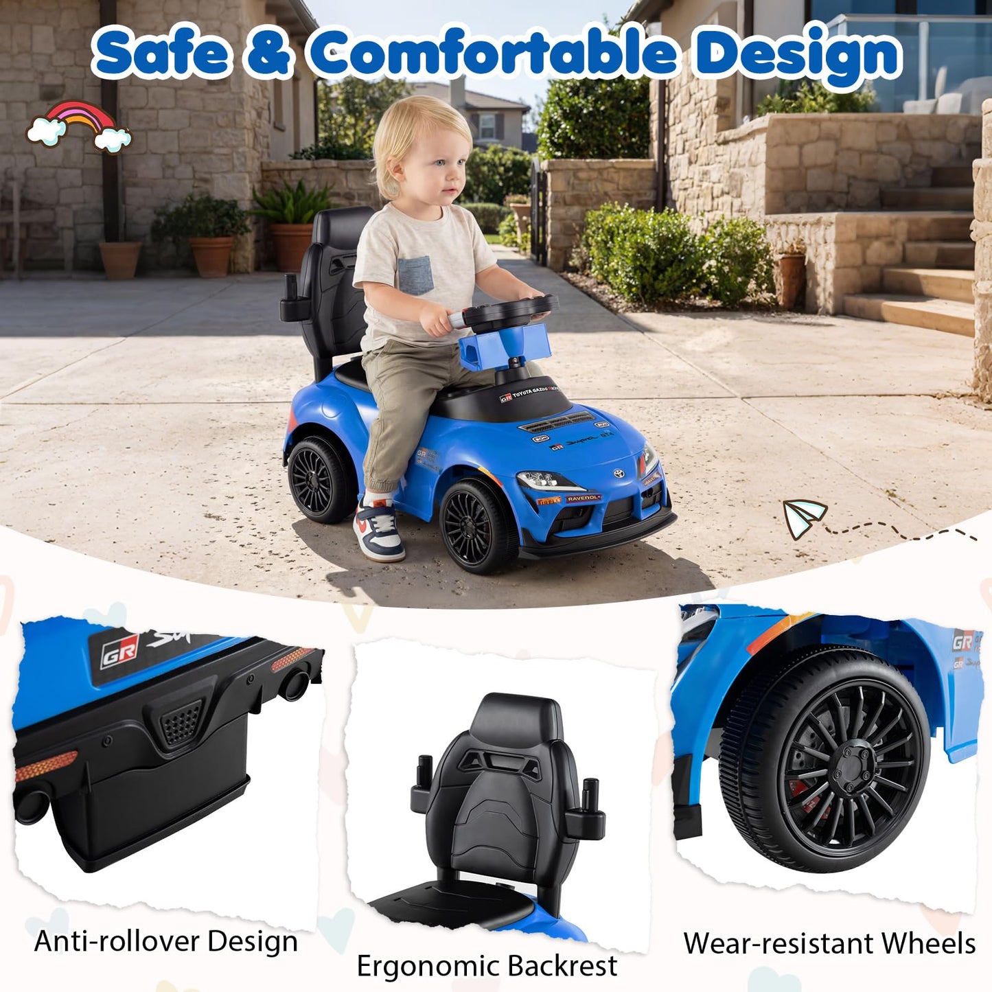 3 in 1 Ride on Push Car, Licensed Toyota Stroller Sliding Walking Car with Handle