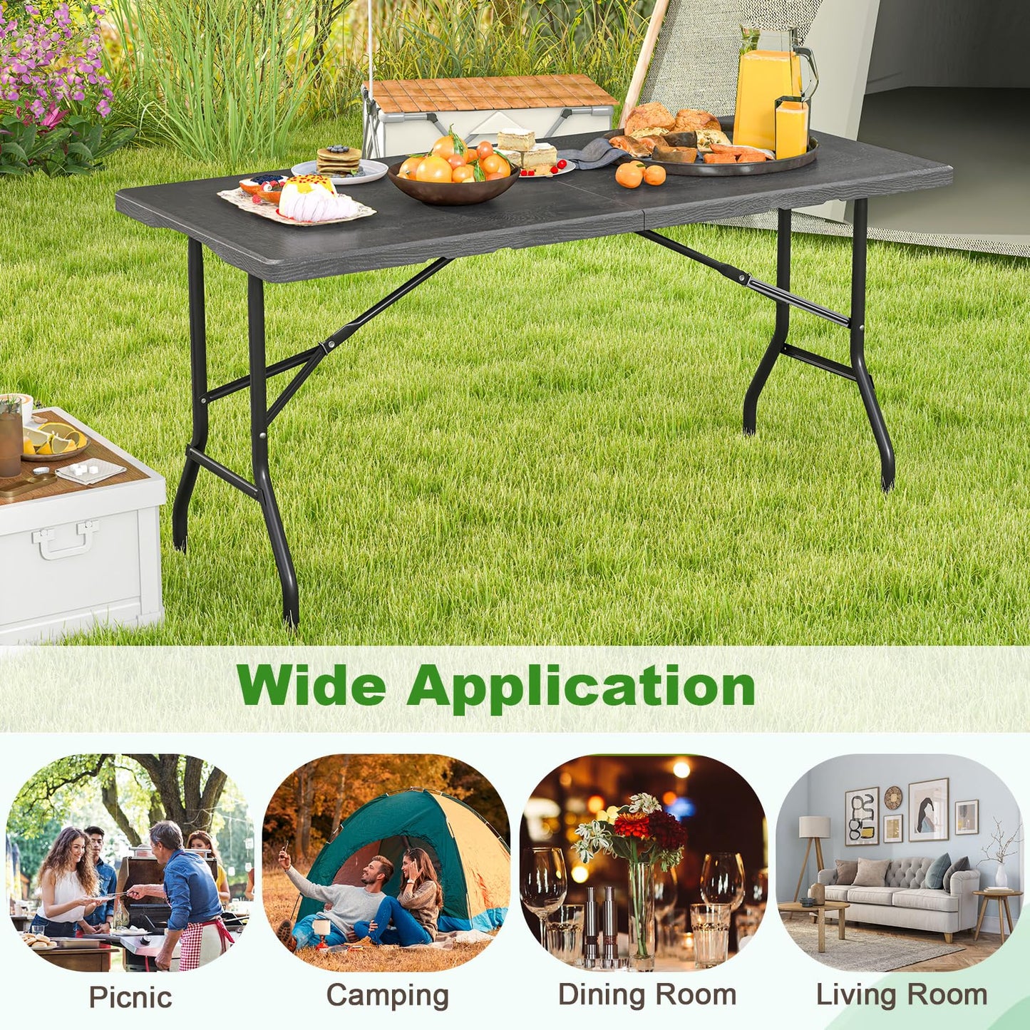 152 x 70 x 74 cm Folding Camping Table with Carrying Handle and HDPE Tabletop