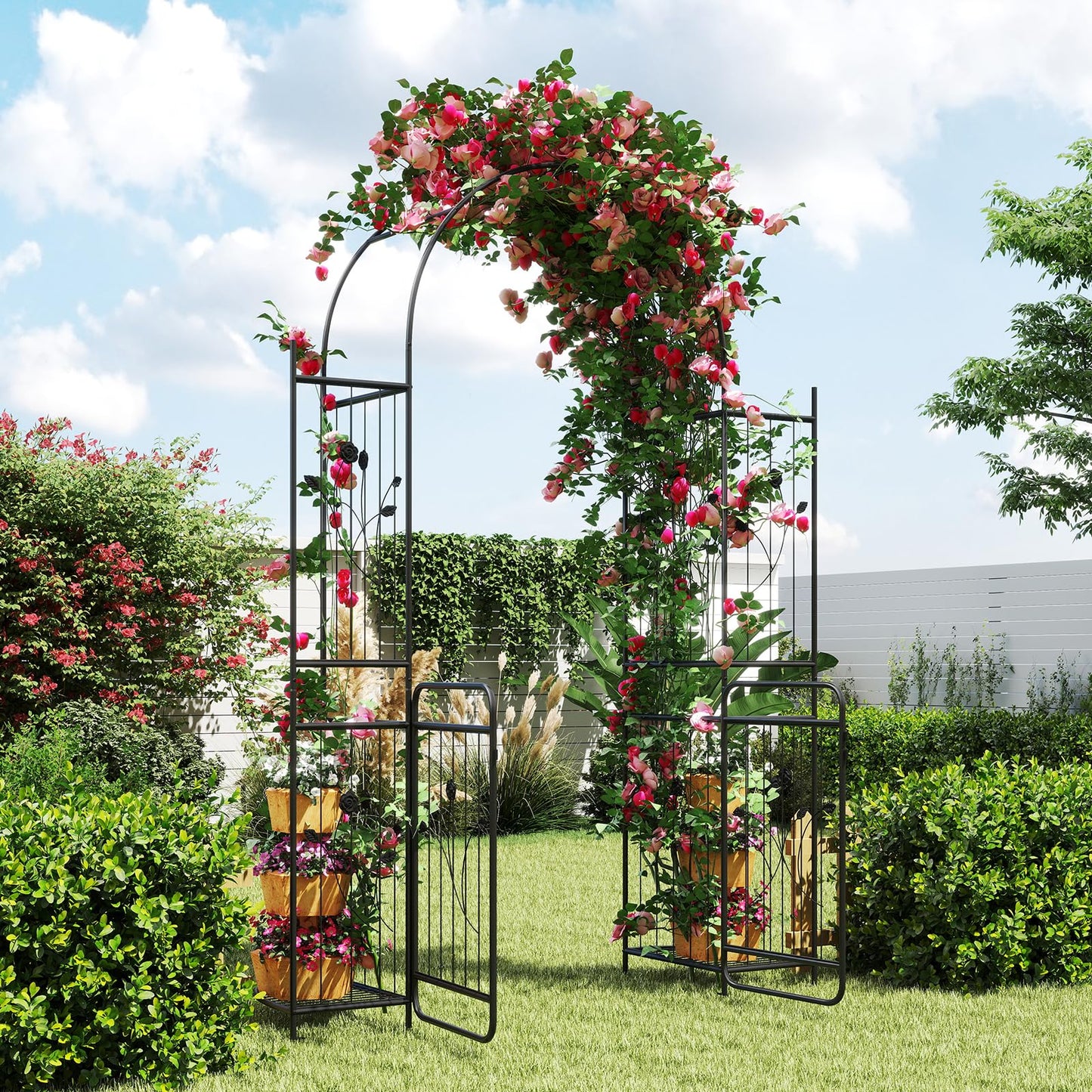 Garden Arch with Gate, Heavy Duty Plants Support Archway for Lawn Backyard Party