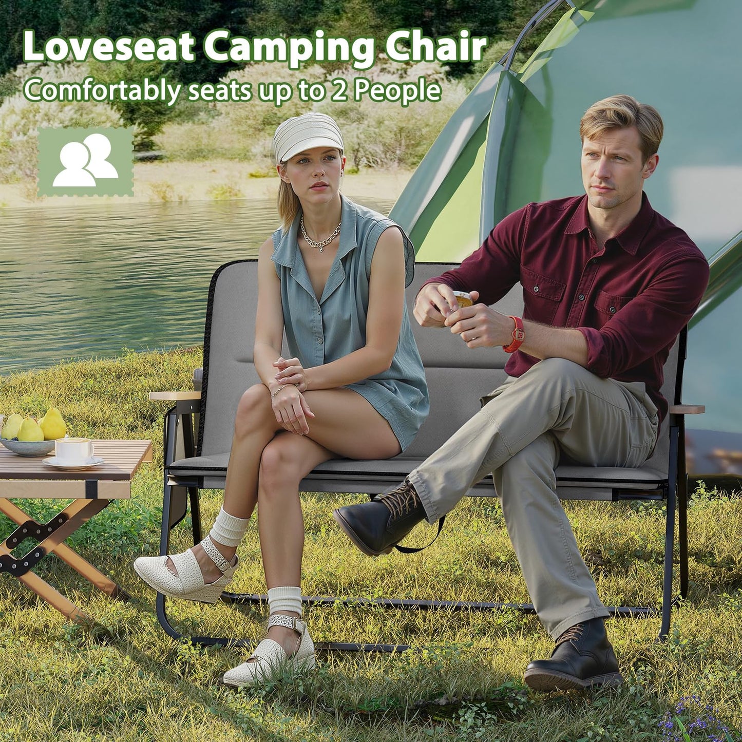 Double Camping Chair, 2-Person Folding Loveseat with Detachable Cushion
