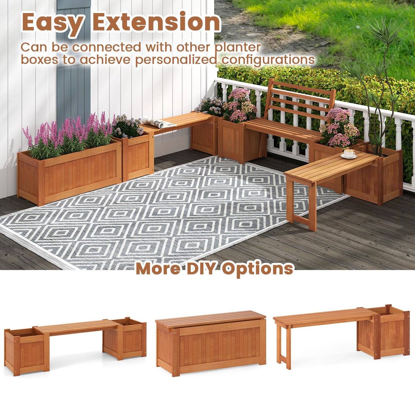 2-in-1 Wooden Planter with Bench, Raised Garden Bed with Open-ended Bottom