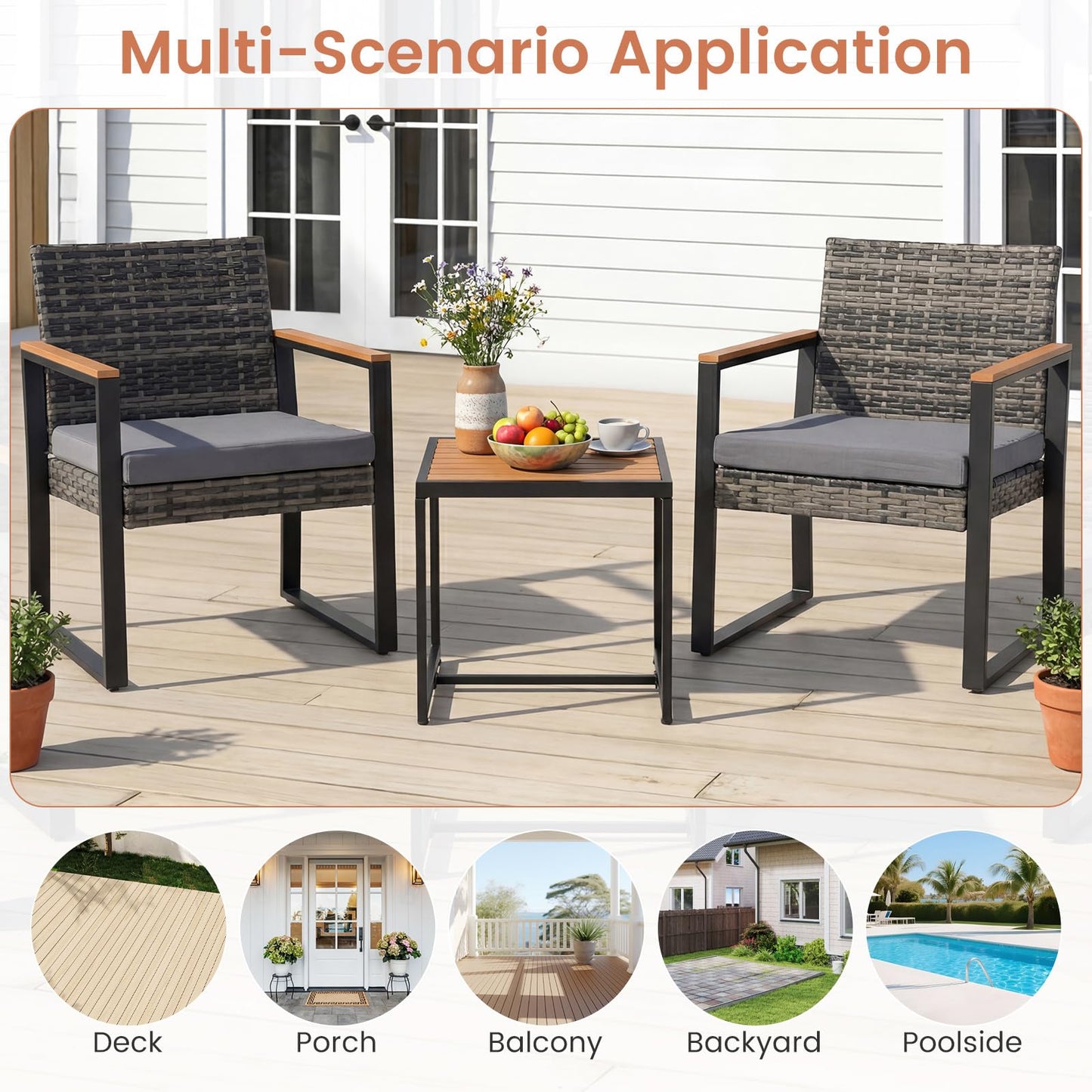 3 Pieces Patio Rattan Bistro Set, PE Wicker Garden Furniture Set with Soft Cushion and Side Table