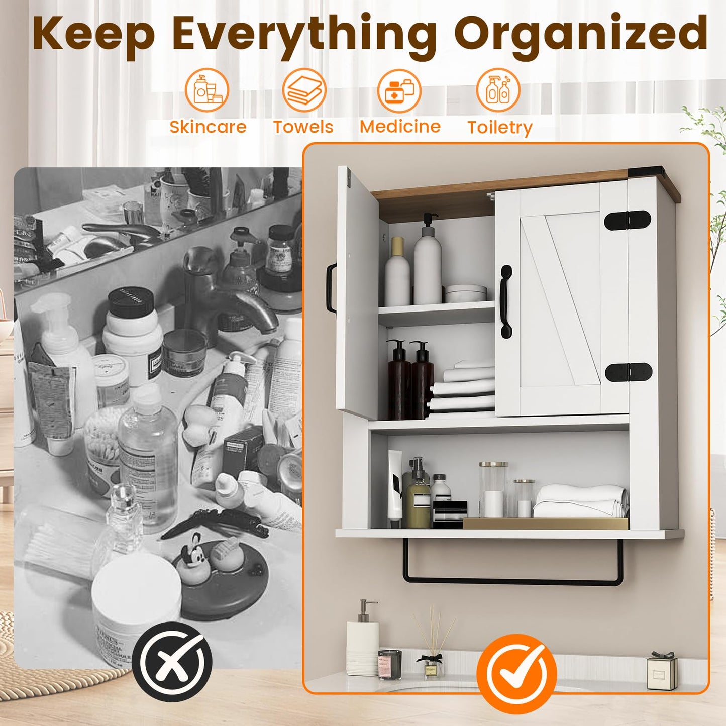 Bathroom Wall Cabinet, Farmhouse Over-The-Toilet Storage Cupboard