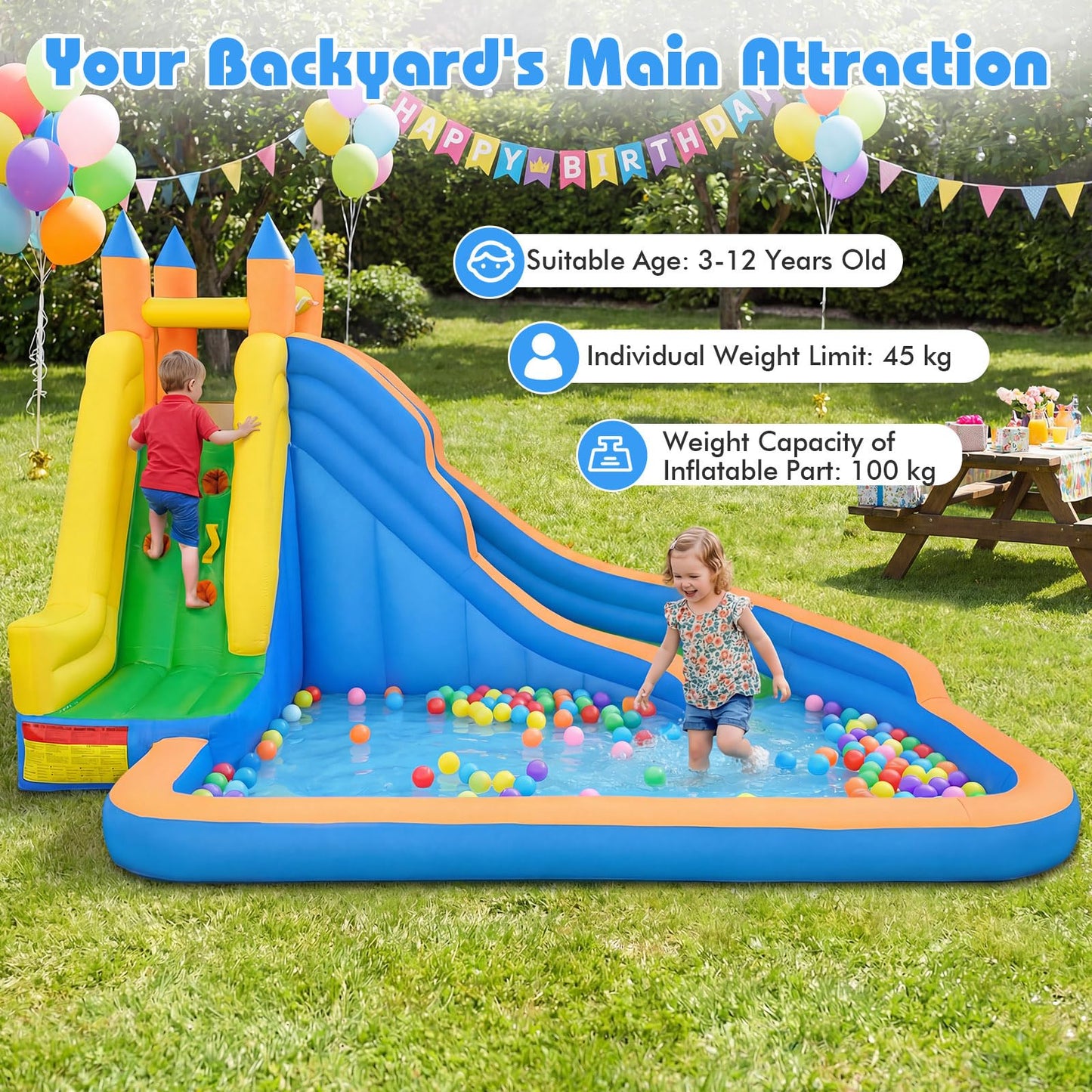 Inflatable Water Slide 3-in-1 Giant Water Park with Curved Slide