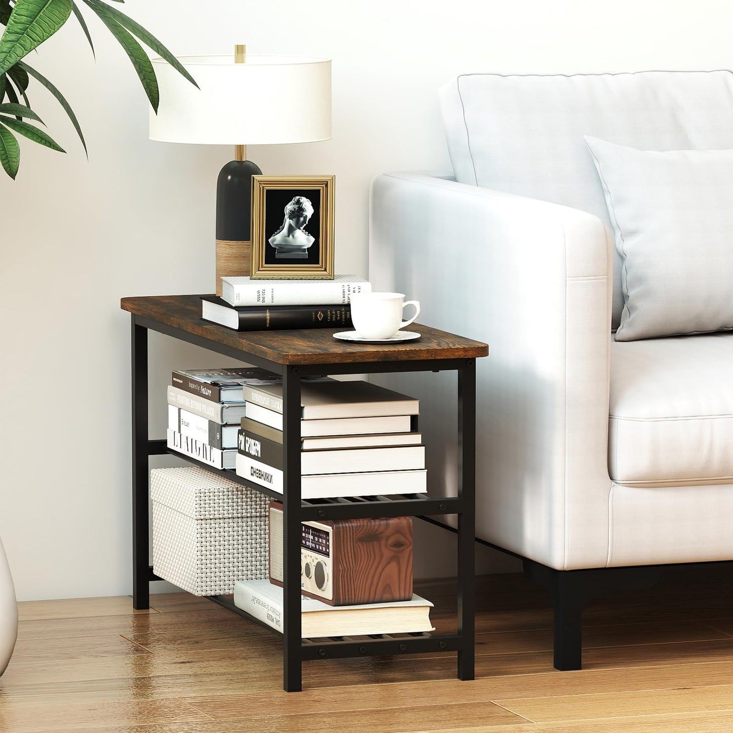 3-Tier Shoe Storage Bench with Metal Slat Shelves and Long Wooden Seat