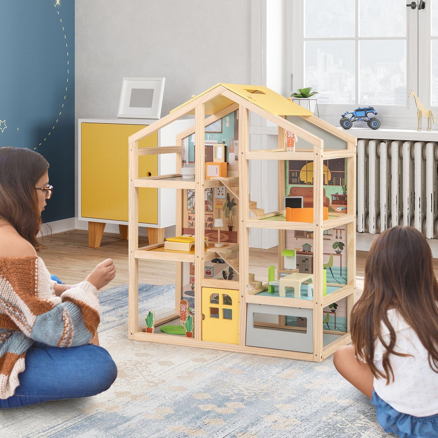 Kids Wooden Dollhouse with 7 Rooms and 18 Pcs Furniture Accessories