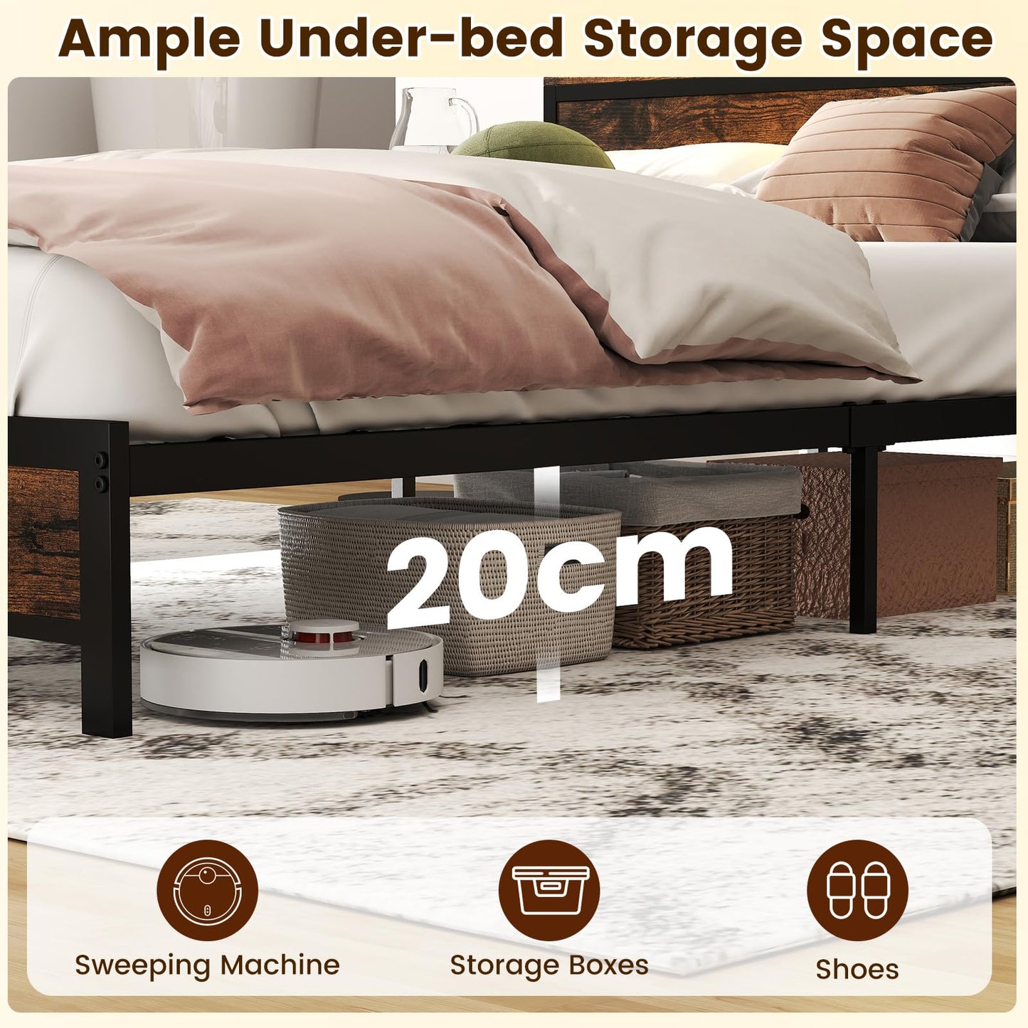 Double Metal Bed Frame with LED Lights, Charging Station