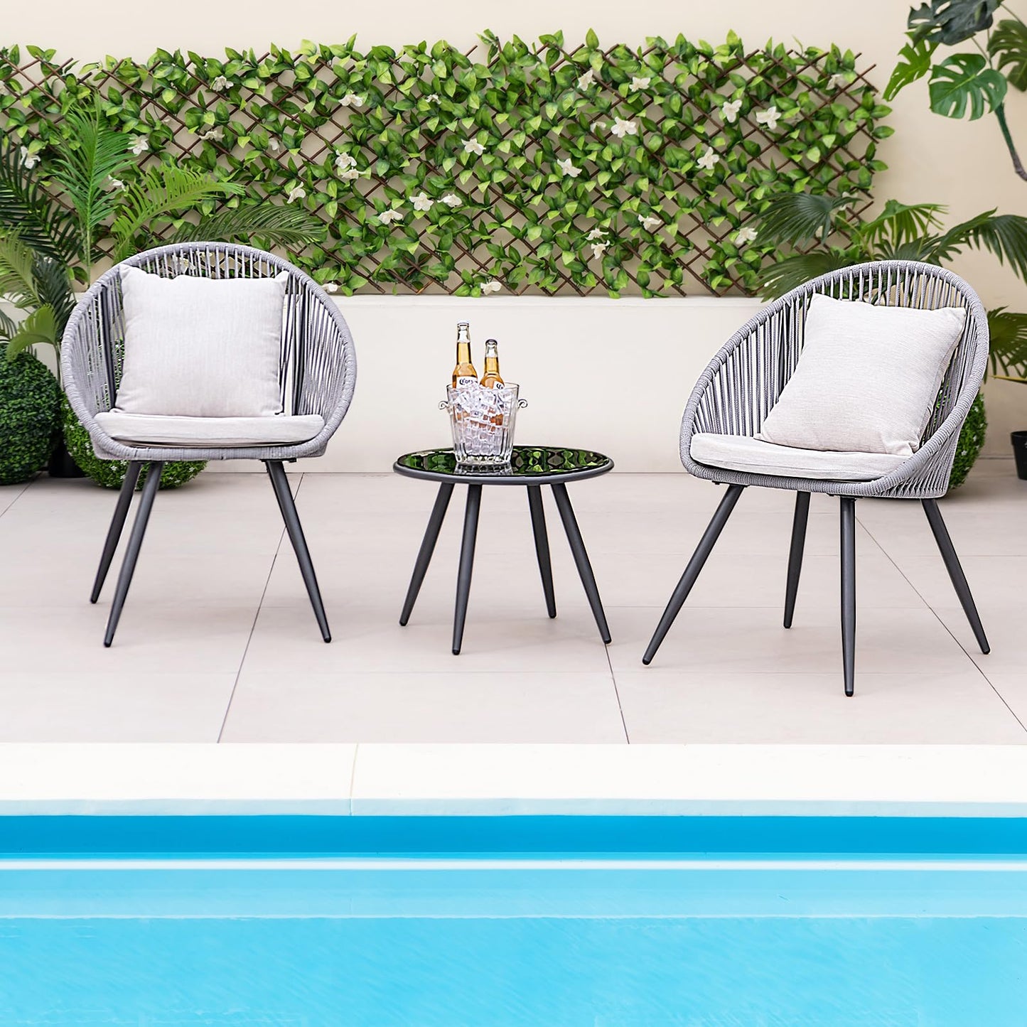 String Patio Bistro Set with 2 Chairs and Glass Coffee Table