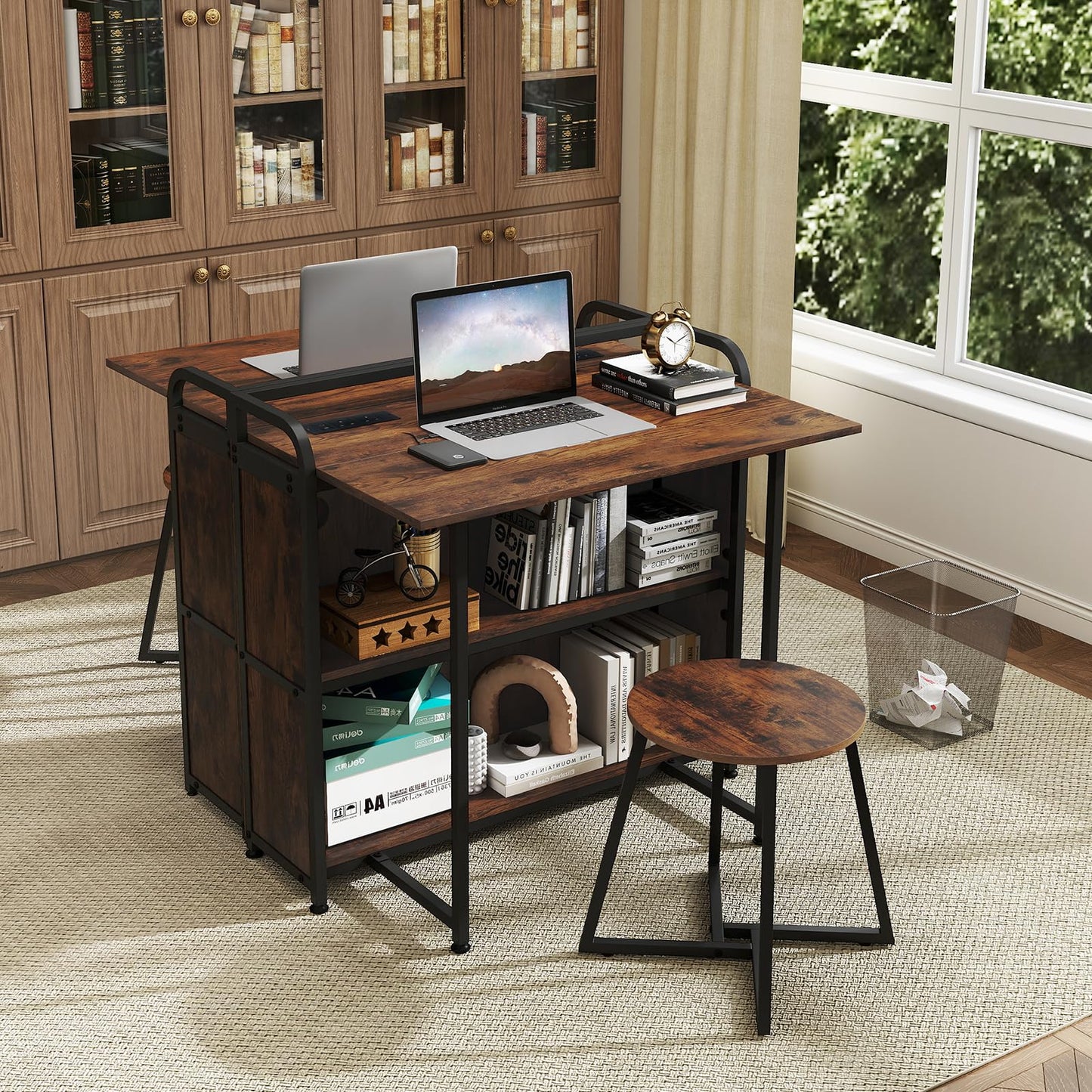 90 cm Folding Desk with Stool, Portable Computer Desk and Stool Set