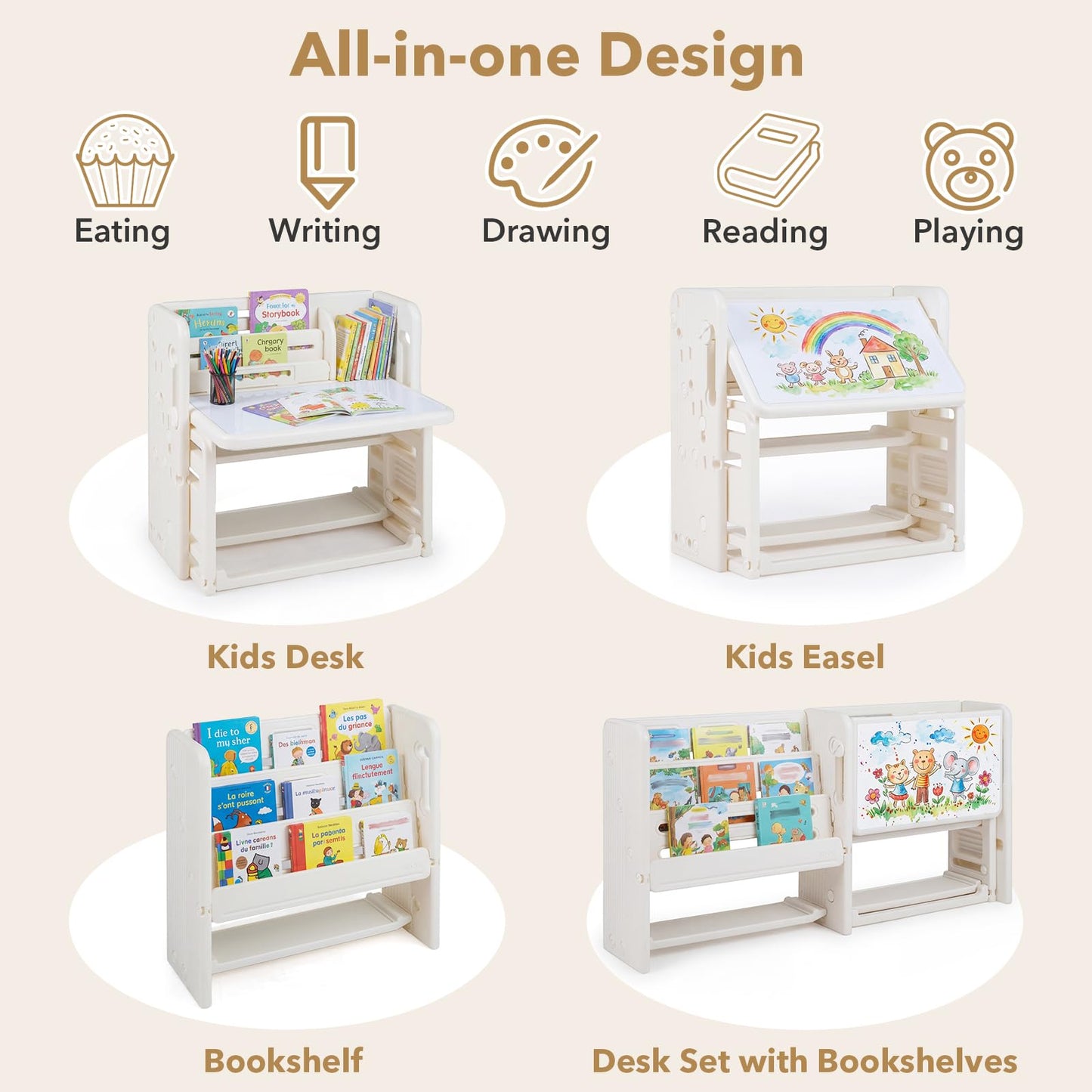 Kids Desk and Chair Set with Side Bookshelves and Whiteboard