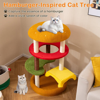 Cat Tree, 106cm Tall Hamburger-Theme Cats Tower | Indoor Multi-Level Kitten Climbing Stand Activity Center