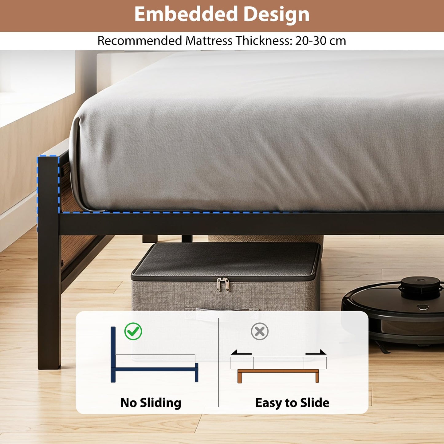 King Size Industrial Metal Platform Bed Frame with Charging Station and Storage Headboard