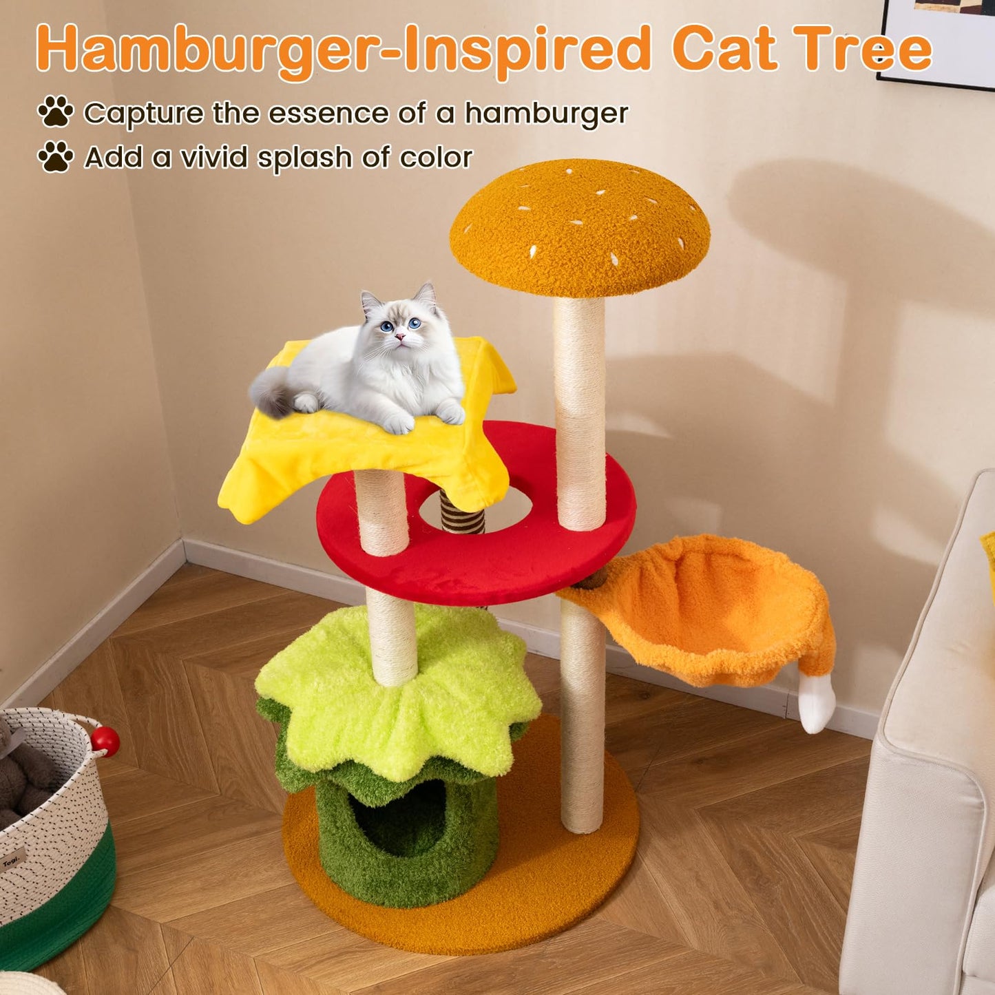 Cat Tree, 117cm Hamburger-Theme Cats Tower, Indoor Multi-Level Kitten Climbing Stand Activity Center