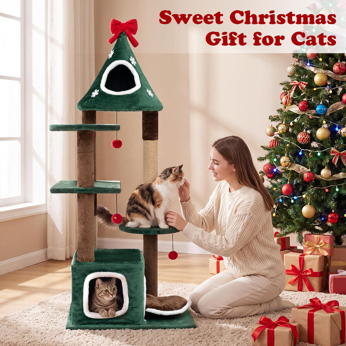 137 cm Christmas Cat Tree with 2 Condos & Removable Cushion