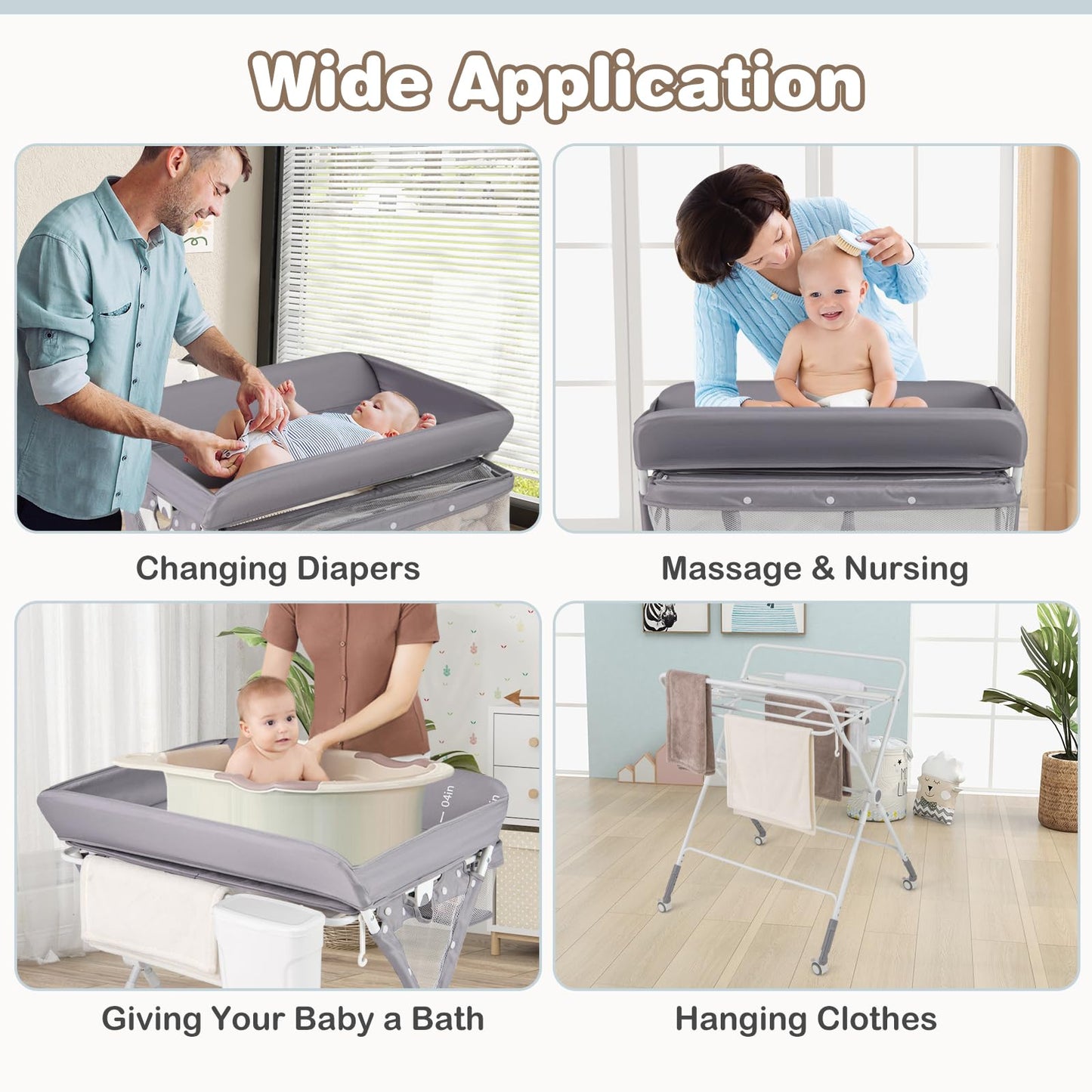 Baby Changing Table Foldable Infant Care Station with Wheels & Trash Can