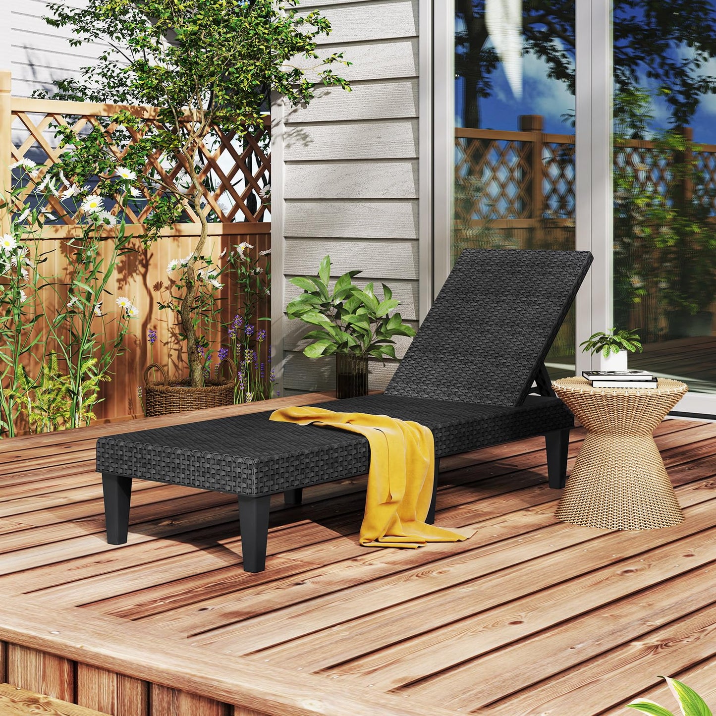 PP Rattan-Style Patio Chaise Lounge Deck Sunbed with 3-Position Adjustable Backrest and 6 Legs