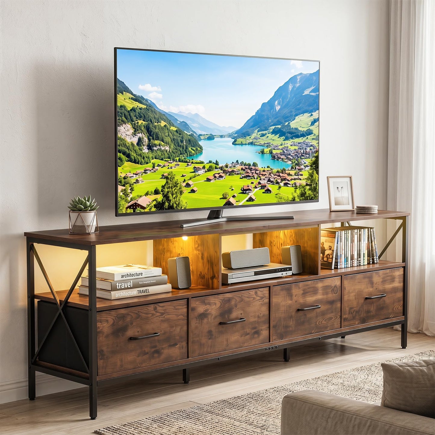 LED TV Unit for 80 Inch TVs, 180cm TV Stand Cabinet with 4 Fabric Drawers & Storage Shelves