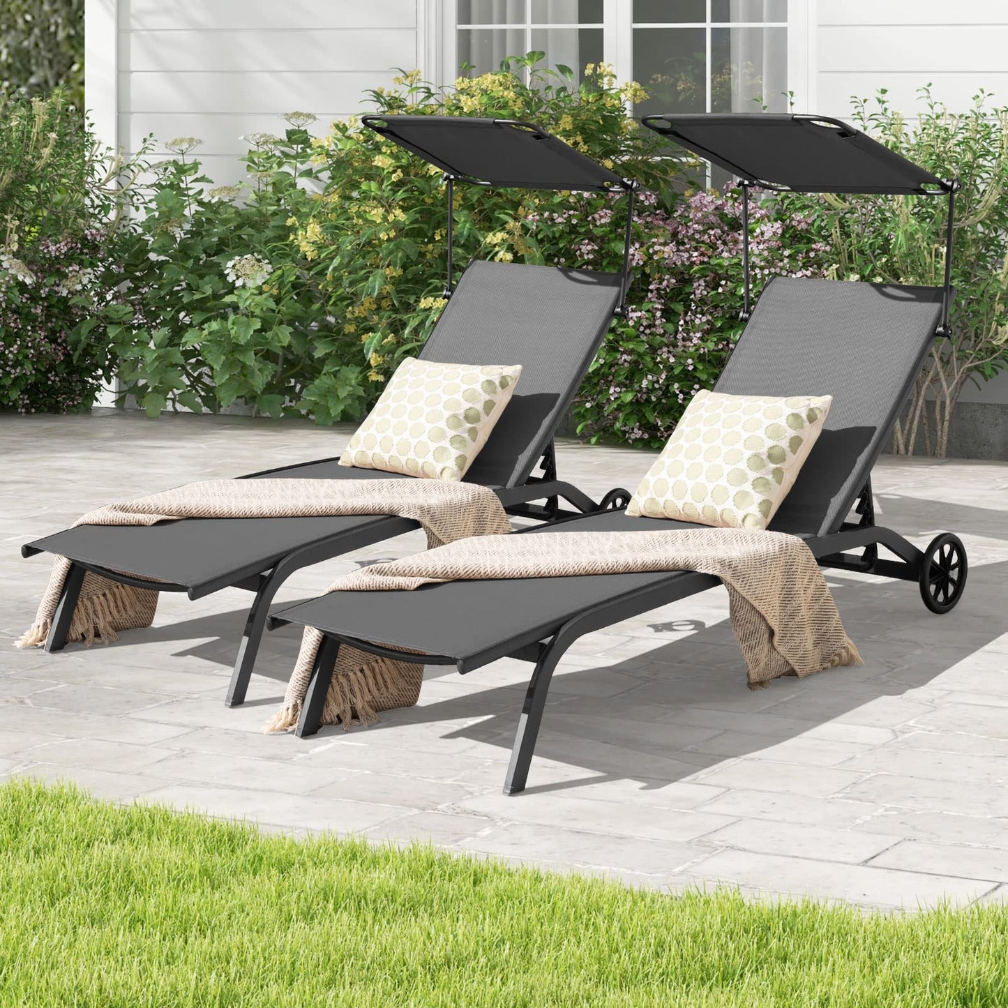 Adjustable Chaise Lounge Deck Sunbed with Rotatable Canopy and Cup Holder