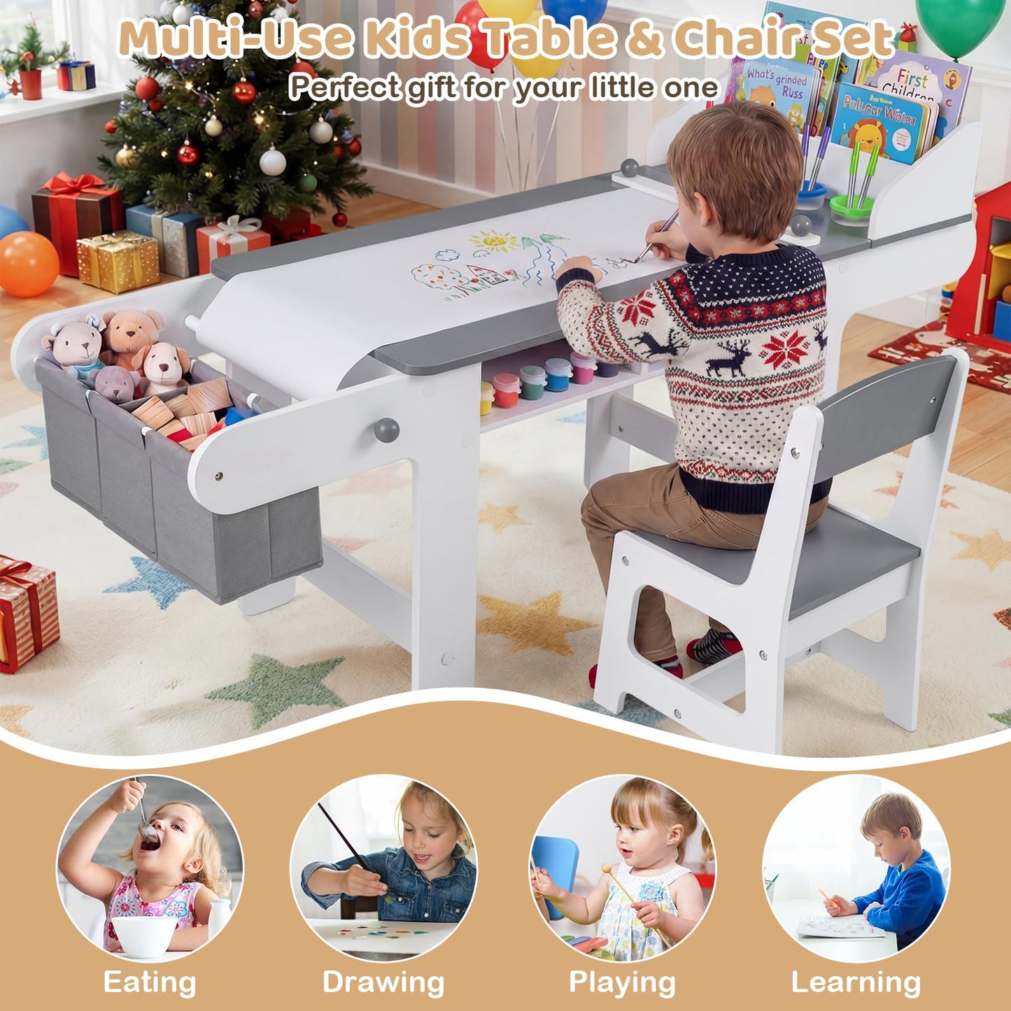 Kids Art Table and Chair Set with Paper Roll & Fabric Bins for Drawing Reading Studying Playing