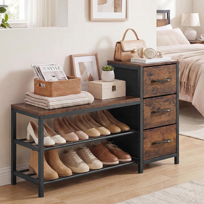 Industrial Shoe Bench with 3 Removable Drawers and Anti-Toppling Kits for Entryway