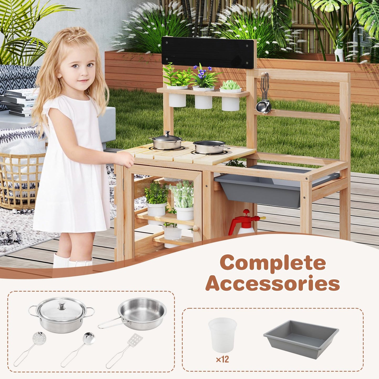 Patio Wooden Pretend Play Kitchen with Plants Observation Room for Kids Outdoor