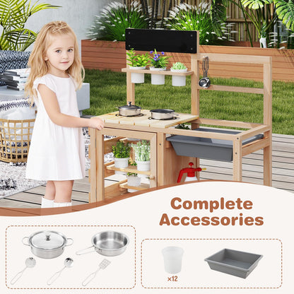 Patio Wooden Pretend Play Kitchen with Plants Observation Room for Kids Outdoor