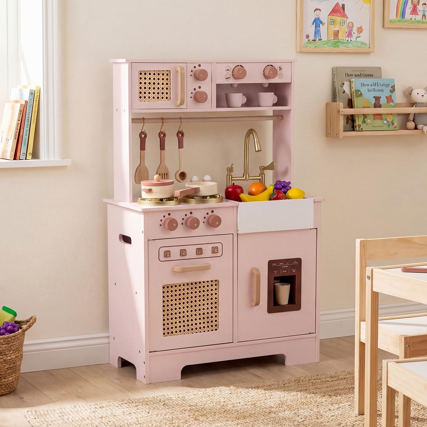 Kids Play Kitchen, Wooden Toy Kitchen with Stoves