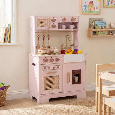 Kids Play Kitchen, Wooden Toy Kitchen with Stoves