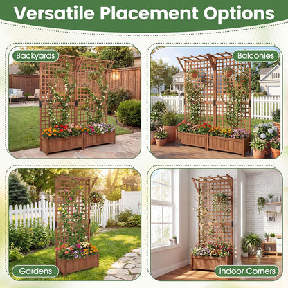 Raised Garden Bed with Trellis, Wooden Trough Planter, Outdoor Garden Weather-Resistant Plant Rack for Vines