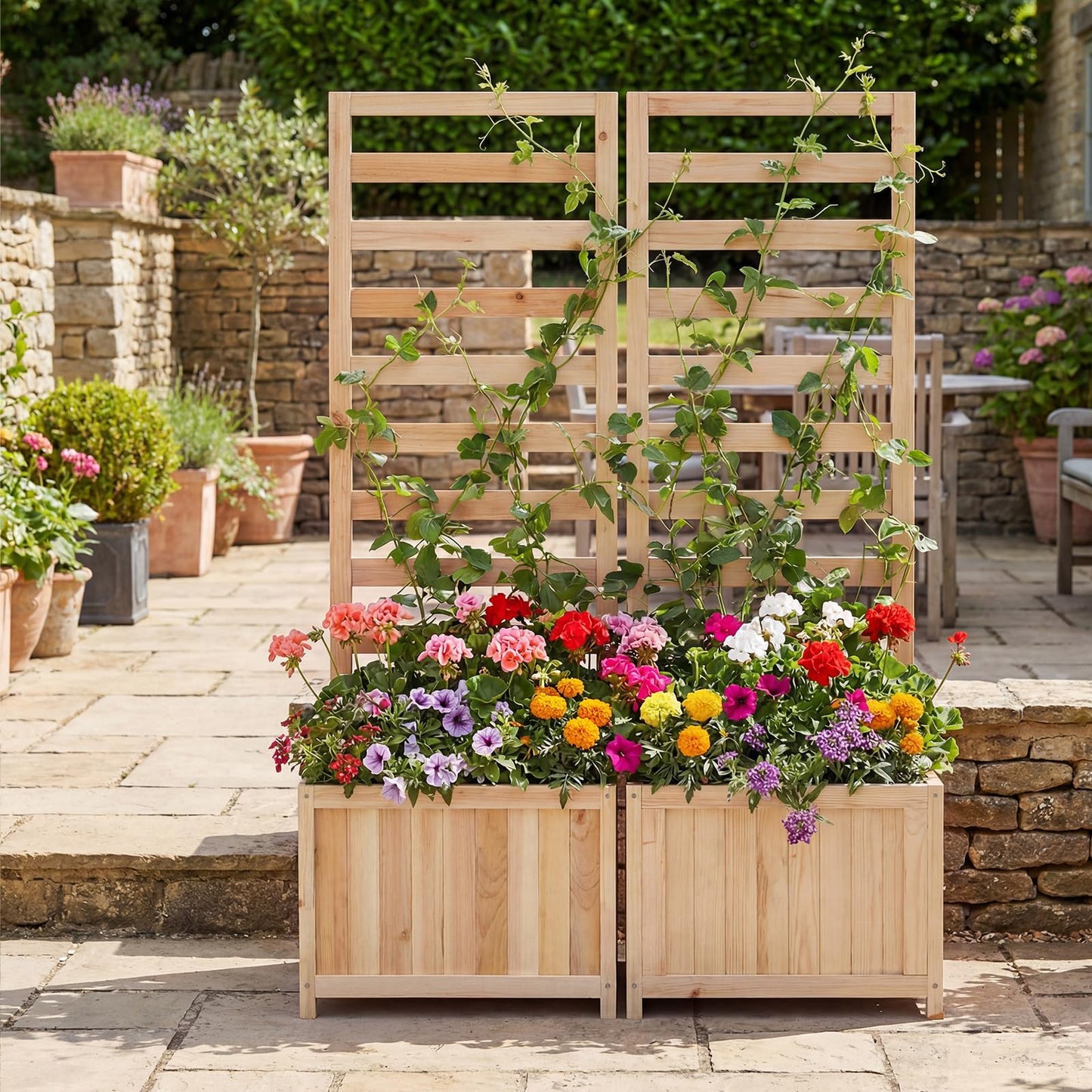 Wooden Planter with Trellis, Raised Garden Bed with Drainage Holes