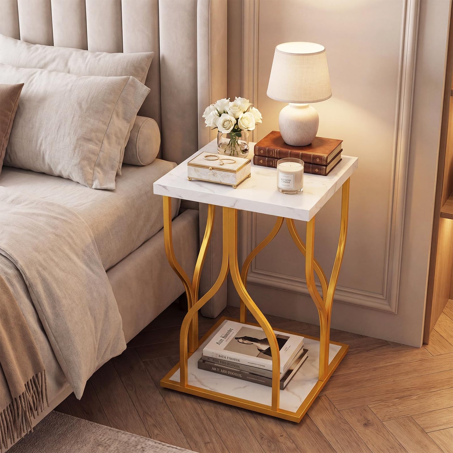 2-Tier Sofa Side Table, Faux Marble End Table with Storage Shelf
