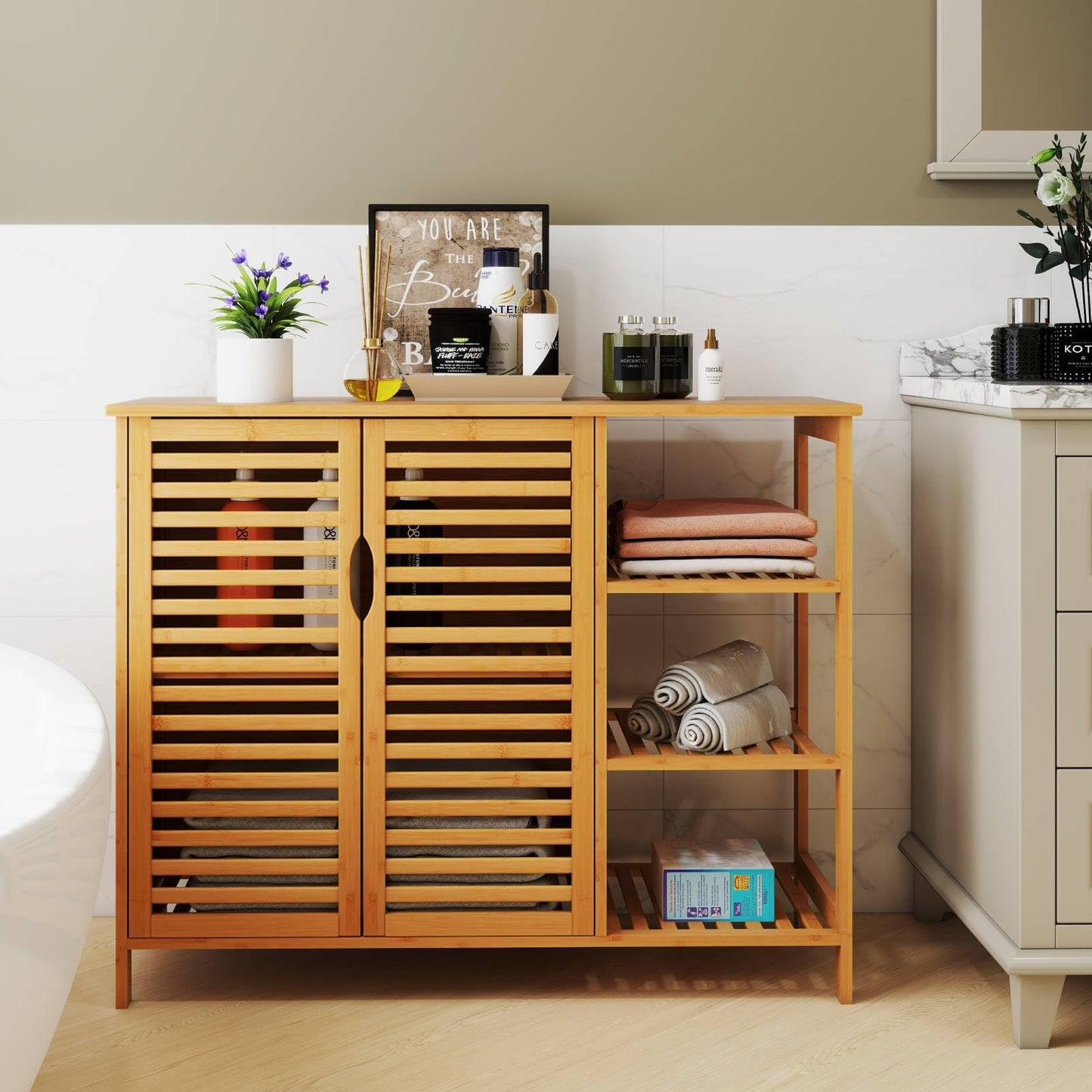 2-Door Bamboo Bathroom Cabinet with Shelves