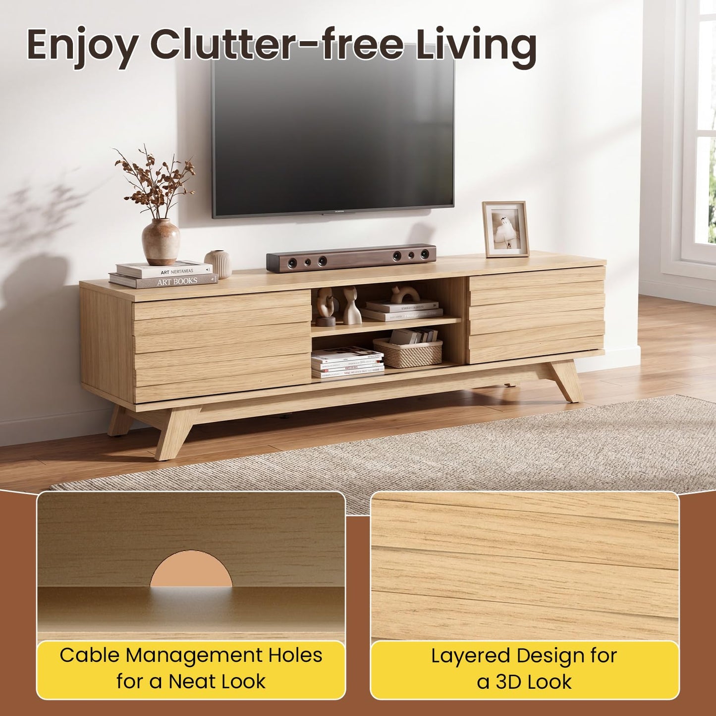 TV Unit for 55 Inch TVs, 145cm Wooden TV Stand Cabinet with 2 Sliding Doors and Adjustable Storage Shelf
