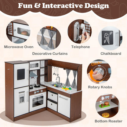 Kids Wooden Corner Play Kitchen with Lighted Range Hood and Stoves
