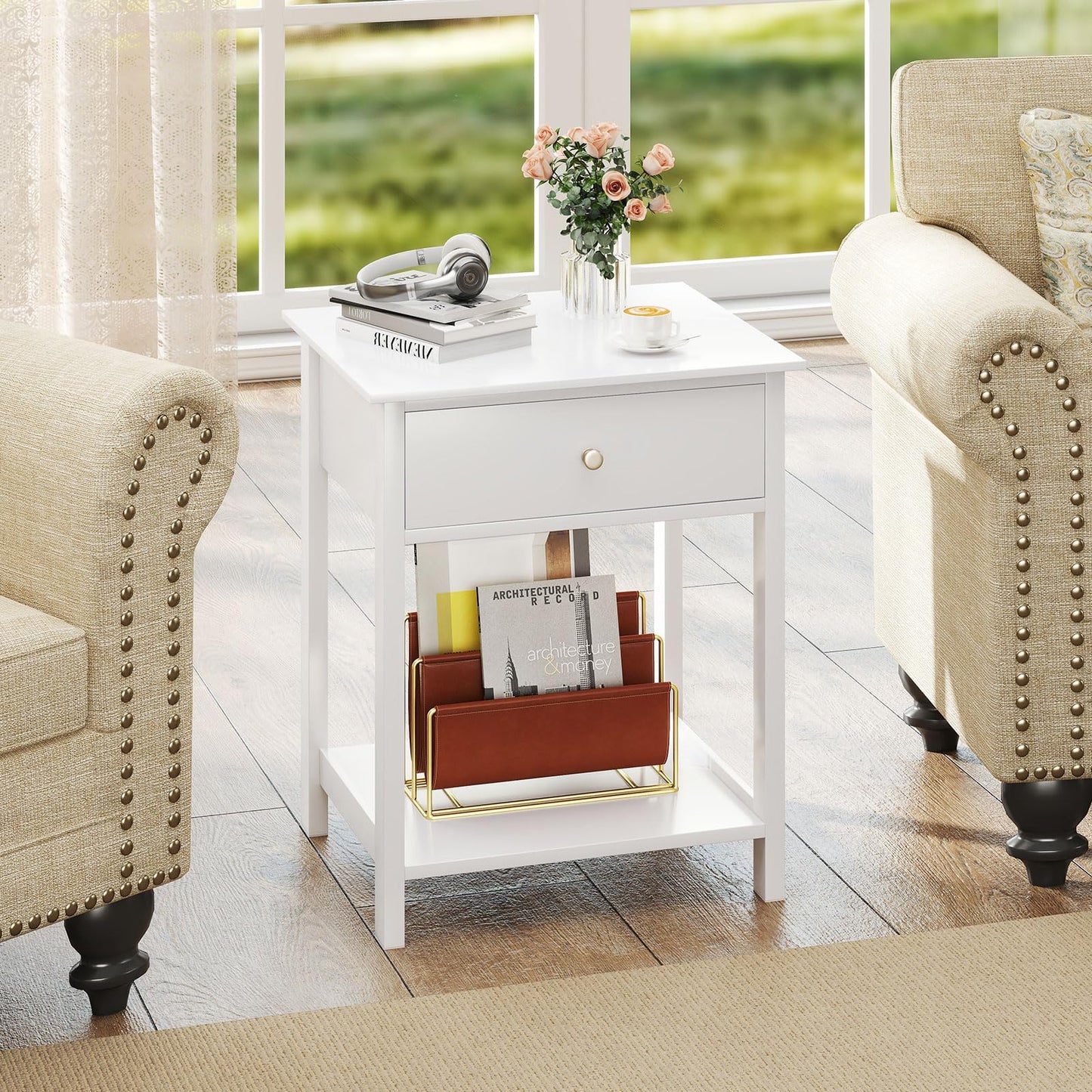 1/2 Pieces Wooden Nightstand with Drawer and Storage Shelf