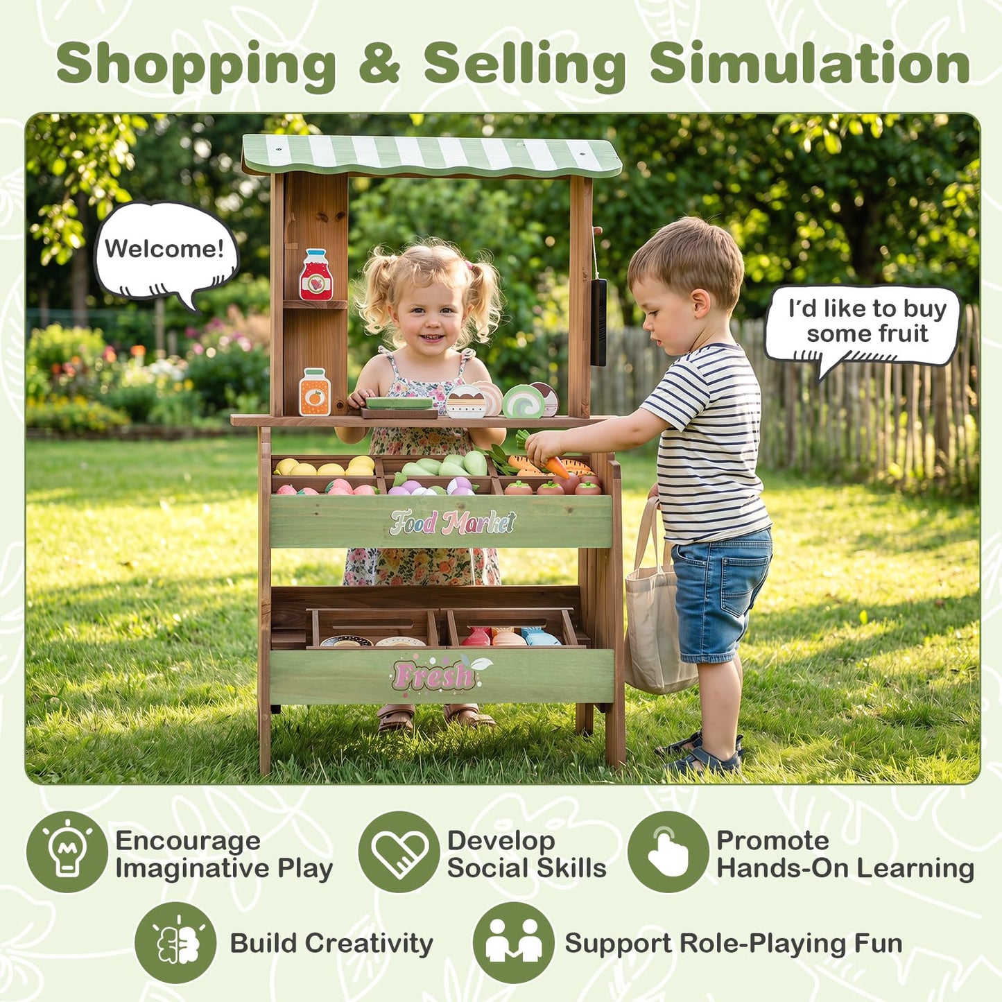 Wooden Kids Grocery Store Playset with Chalkboard | Indoor Outdoor Farm Market Stand