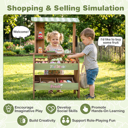 Wooden Kids Grocery Store Playset with Chalkboard | Indoor Outdoor Farm Market Stand