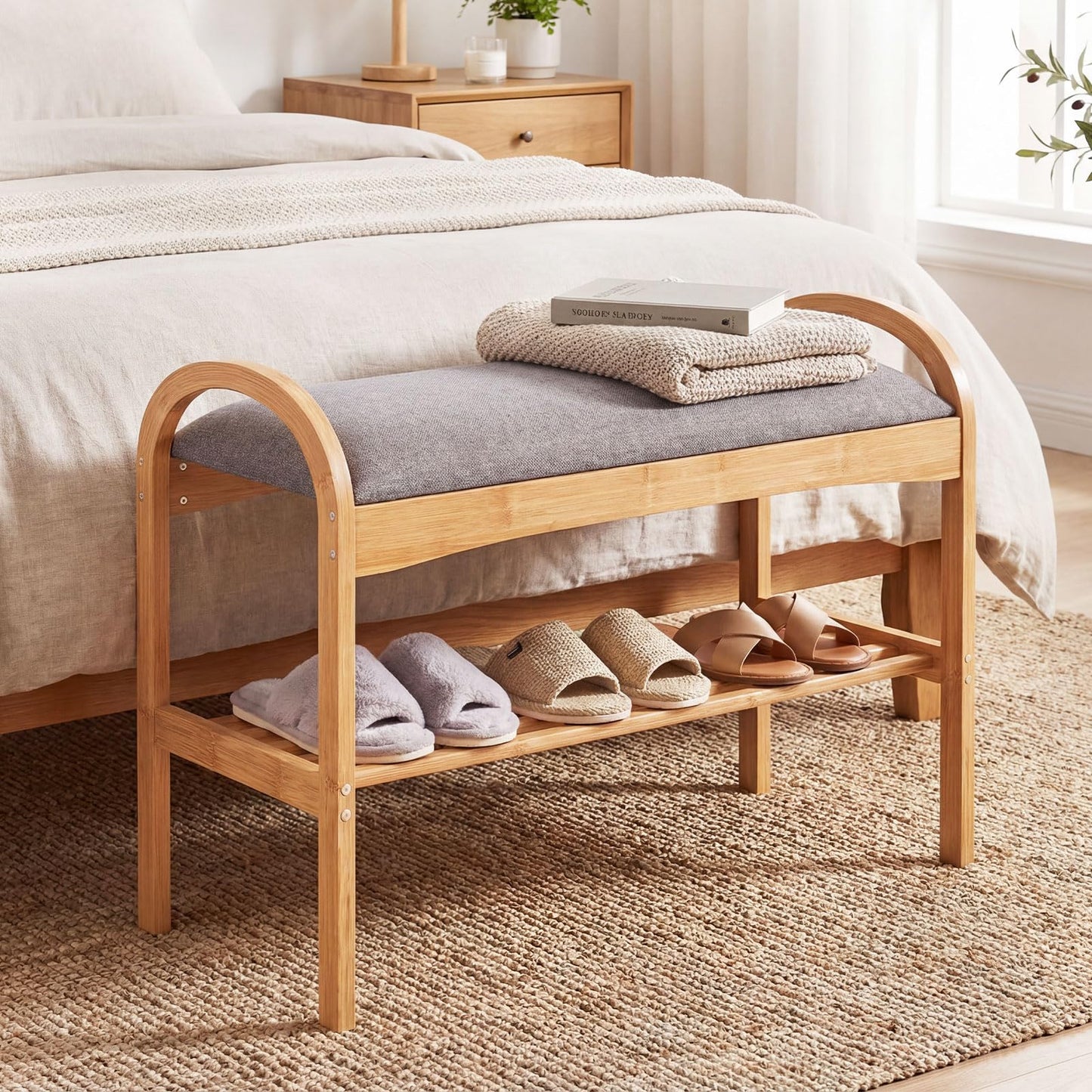 Bamboo Shoe Bench, 2-Tier Shoe Rack Organiser with Padded Seat Cushion and Shelf