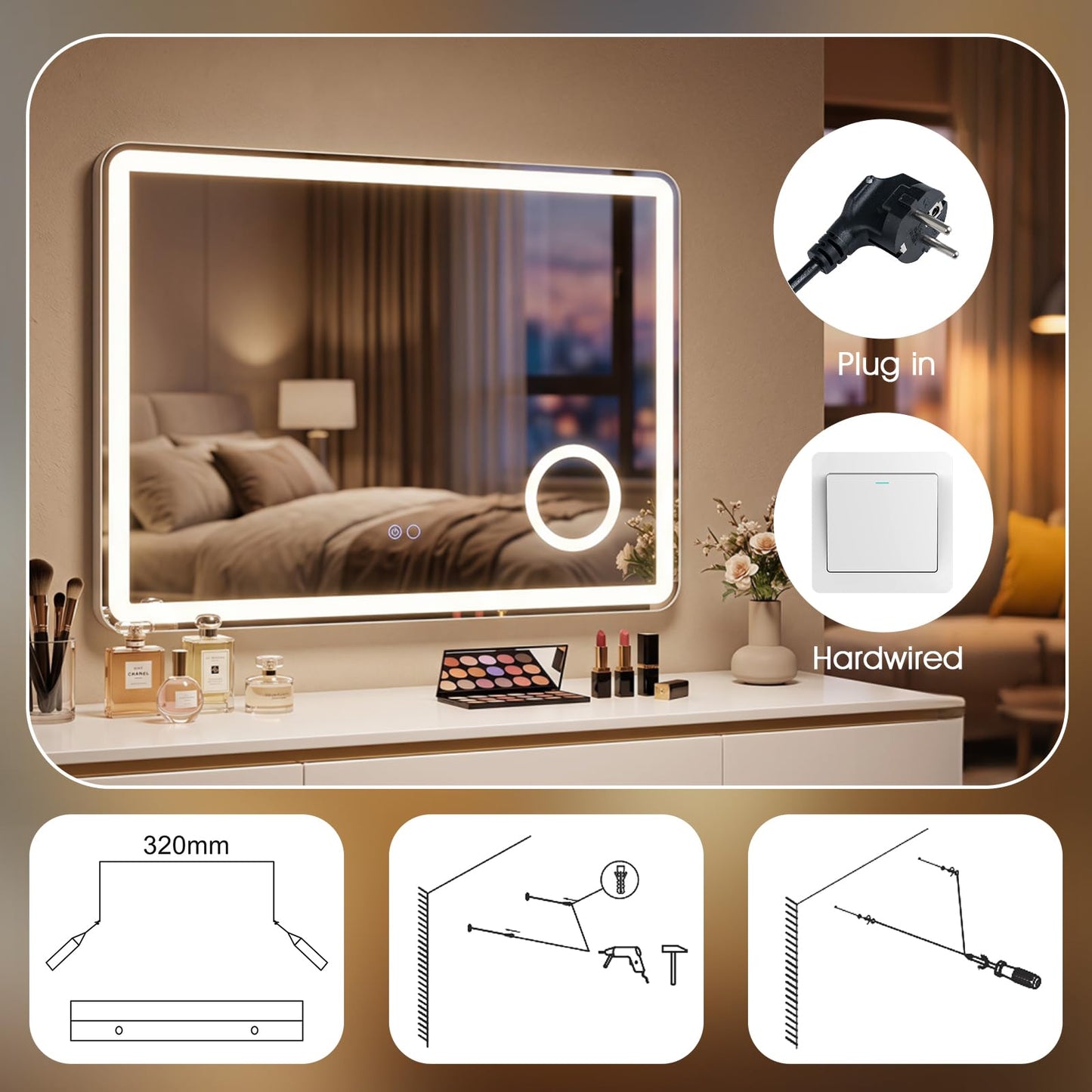 600x800mm Bathroom Mirror with LED Lights, 3x Magnifier, Anti-Fog