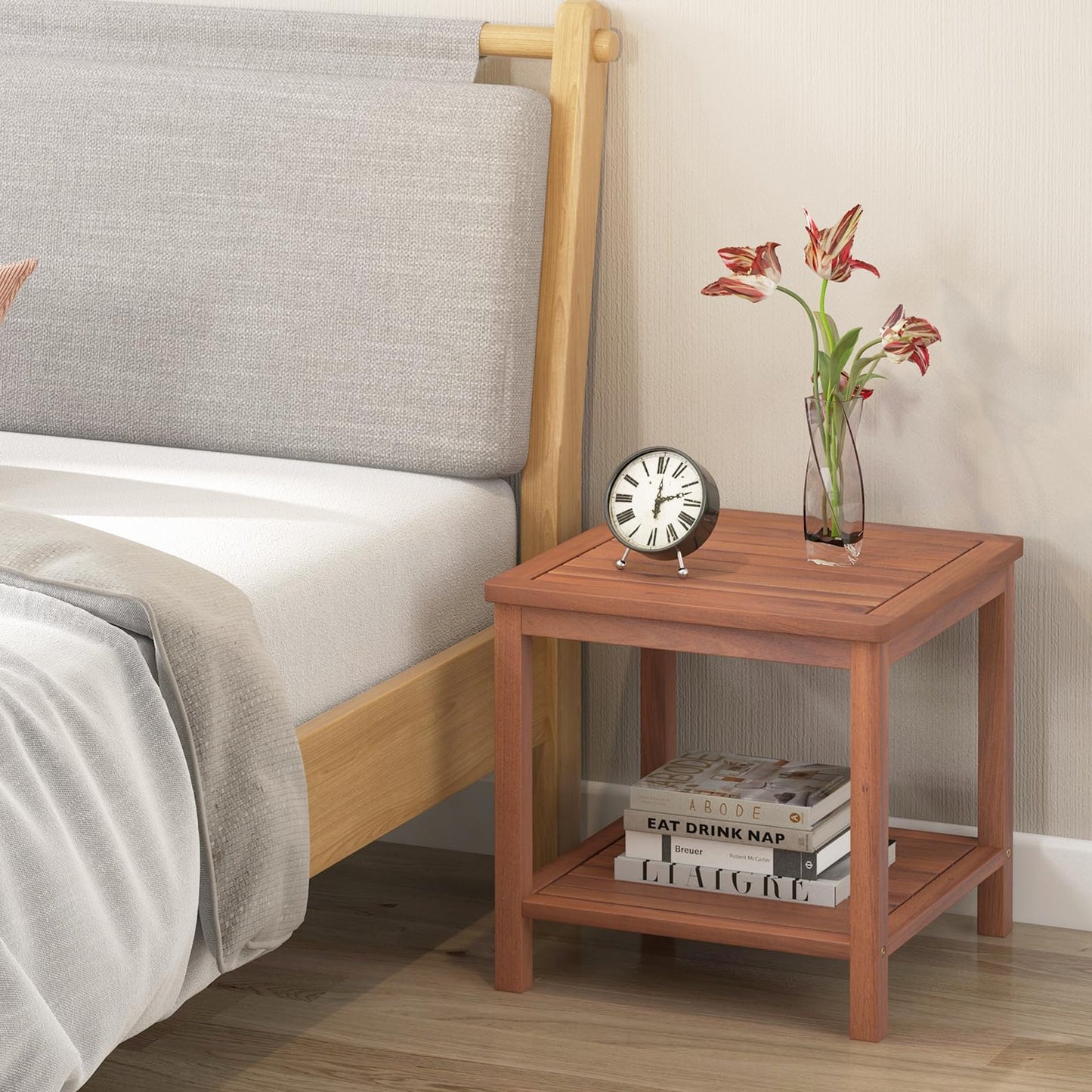 Solid Acacia Wood Outdoor Coffee Table with 2-Tier Storage Shelves
